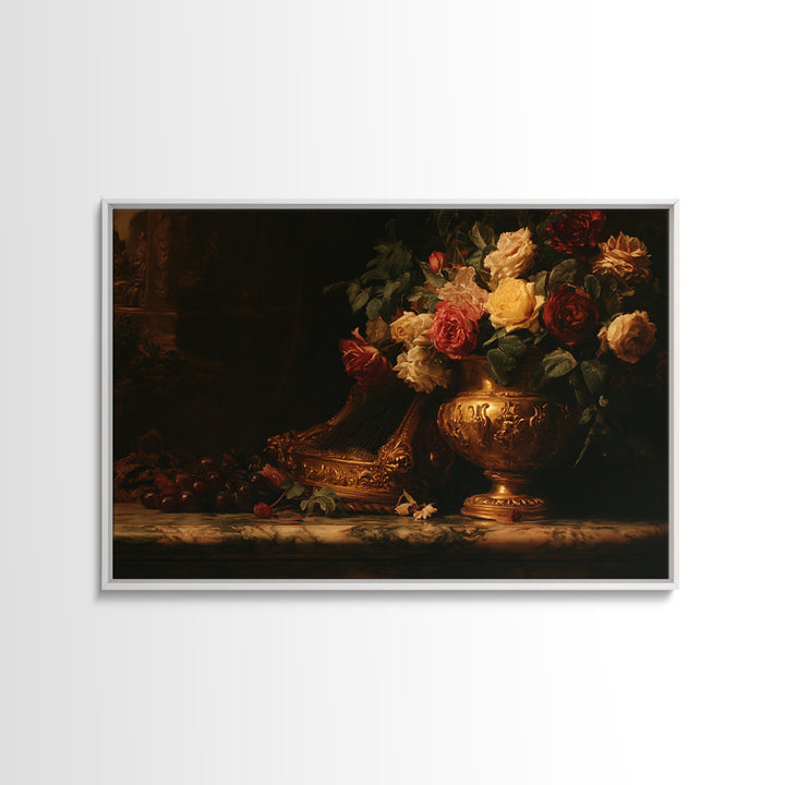 Golden Harp and Roses Canvas Print, Baroque Art, Printable Art, Living Room Decor, Abstract Art, Ornate, Gallery Wall, BAO-3x2-94