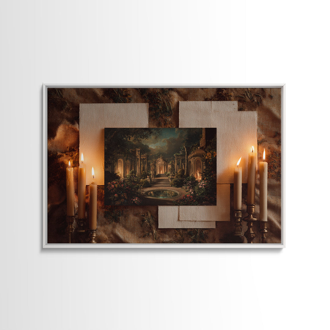 Classical Ruins Beneath a Dramatic Sky Framed Canvas Print, Baroque Art, Room Decor Aesthetic, Living Room Decor, Ornate, BAO-3x2-95