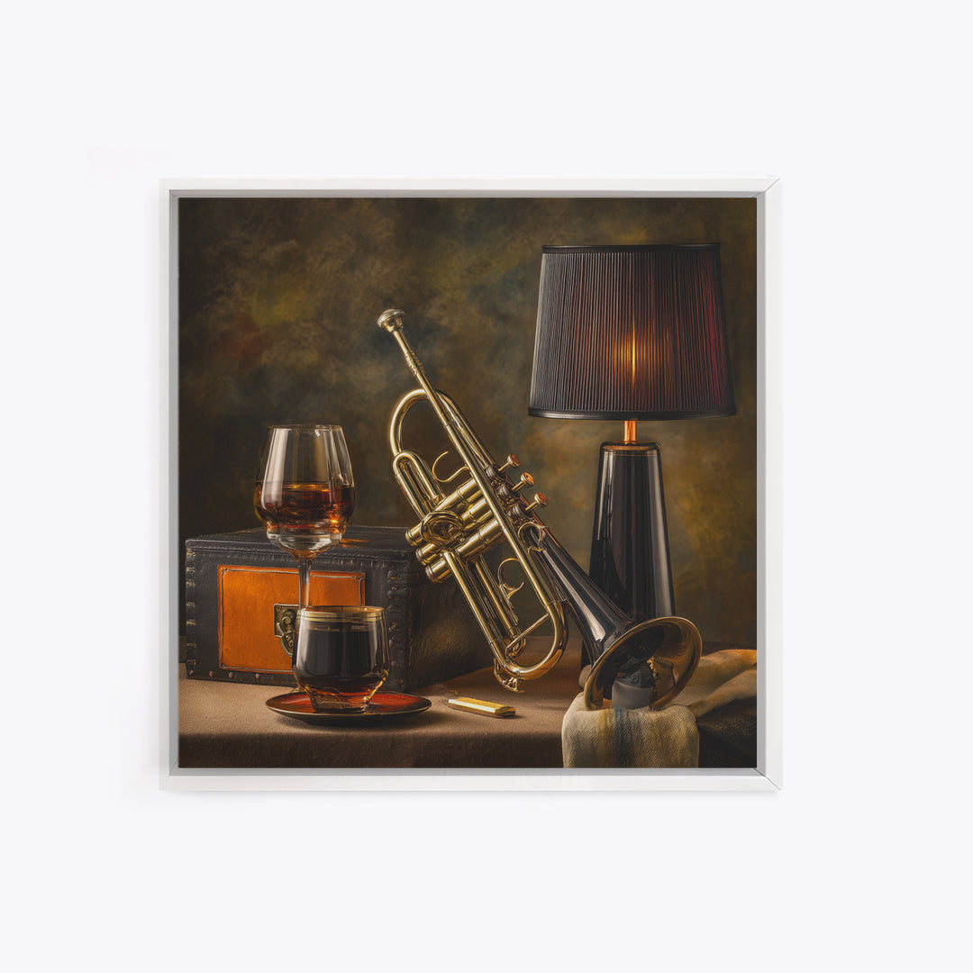 Moody Jazz Trumpet Beside a Half Full Canvas Print, Bar Art, Bar Signs, Bar Decor, Fine Art, Modern Decor, Fine Art Print, BAR-1x1-18