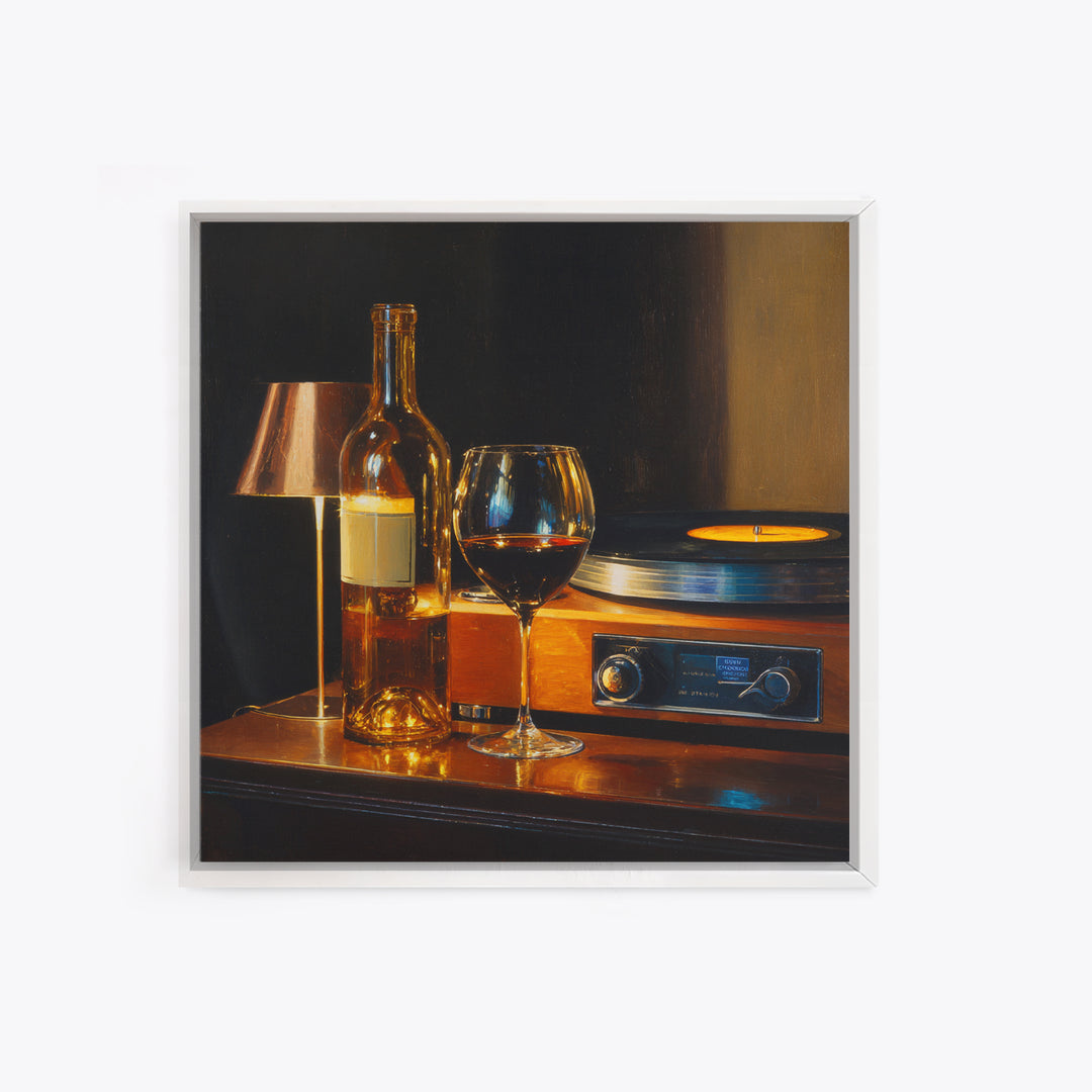 Wine and Record Player Lounge Still Life Framed Canvas Print, Bar Art, Boho Decor, Bar Decor, Oil Painting, Art Print, BAR-1x1-37