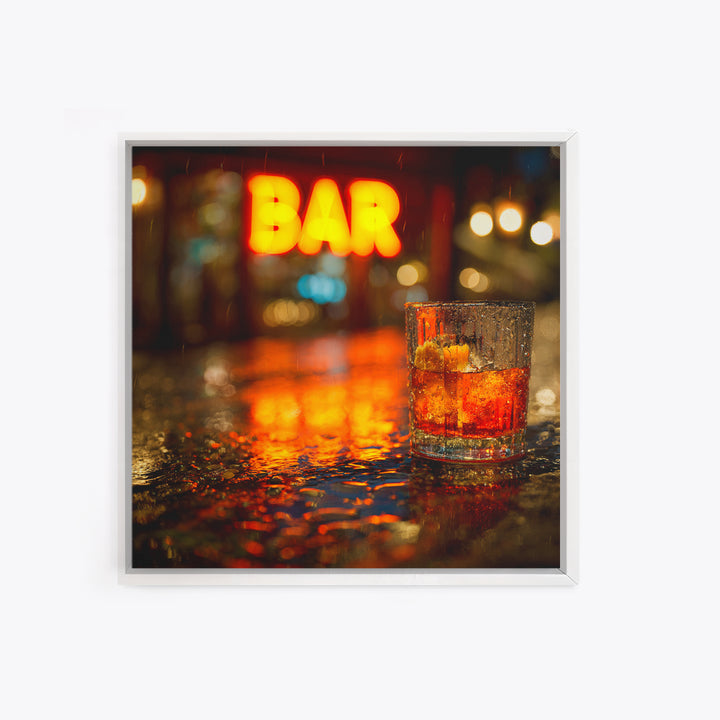 Neon Cocktail Sign Reflected Framed Canvas Print, Bar Art, Textured Painting, Bar Decor, Fine Art, Bar Cart, BAR-1x1-53