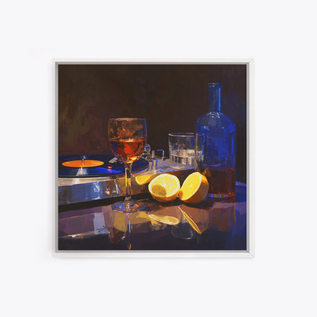 Wine and Record Player Lounge Still Life Framed Canvas Print, Bar Art, Boho Decor, Bar Decor, Oil Painting, Art Print, BAR-1x1-61