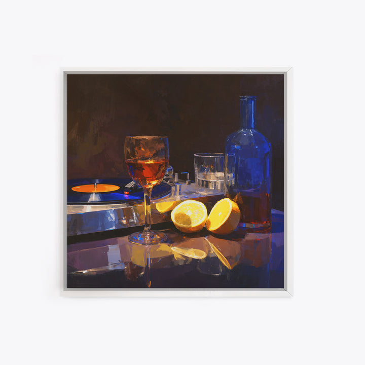 Wine and Record Player Lounge Still Life Framed Canvas Print, Bar Art, Boho Decor, Bar Decor, Oil Painting, Art Print, BAR-1x1-61