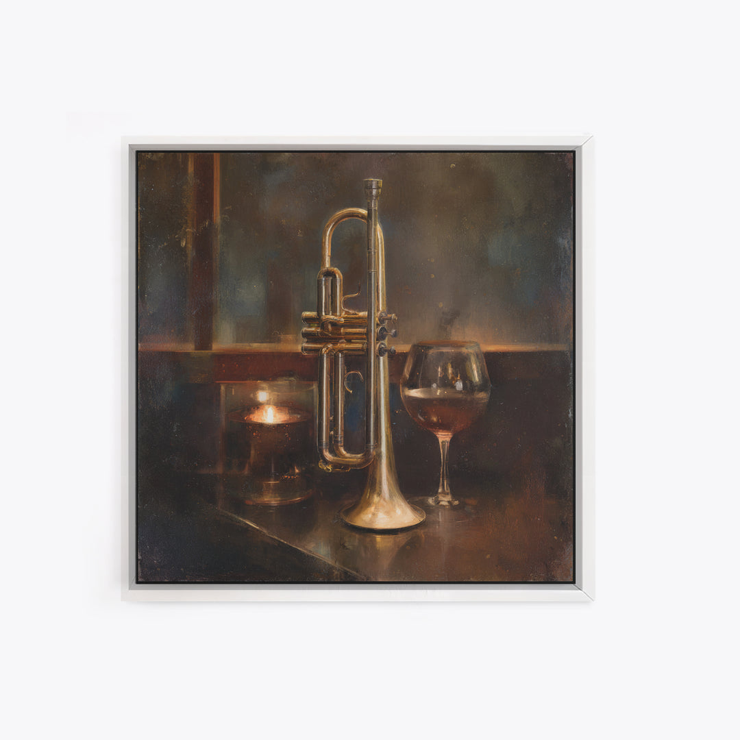 Moody Jazz Trumpet Beside a Half Full Framed Canvas Print, Bar Art, Coffee Bar, Bar Decor, Abstract Art, Room Decor, BAR-1x1-66