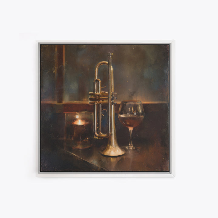 Moody Jazz Trumpet Beside a Half Full Framed Canvas Print, Bar Art, Coffee Bar, Bar Decor, Abstract Art, Room Decor, BAR-1x1-66