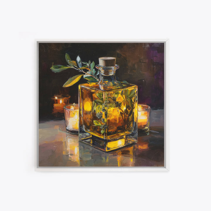 Gin Bottle with Botanicals and Juniper Branches Framed Canvas Print, Bar Art, Bar, Bar Decor, Oil Painting, Living Room Art, BAR-1x1-7