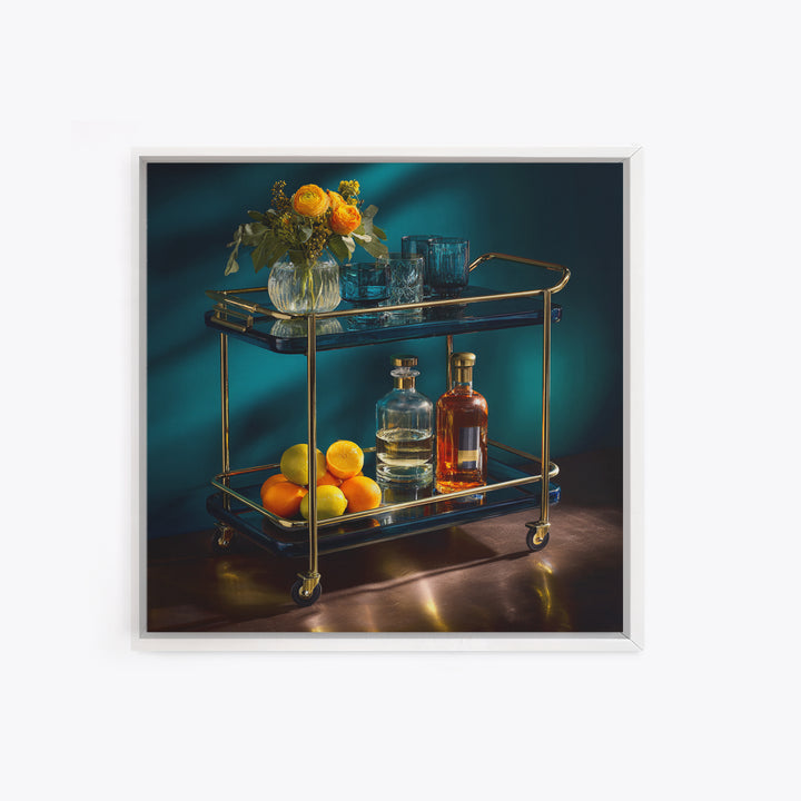 Luxury Emerald Bar Cart Arrangement Framed Canvas Print, Bar Art, Cocktail Wall Art, Bar Decor, Fine Art, Textured Painting, BAR-1x1-70