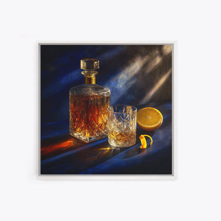 Whiskey Bottle and Cut Crystal Glass Framed Canvas Print, Bar Art, Fine Art Print, Bar Decor, Fine Art, Metal Wall Art, BAR-1x1-74
