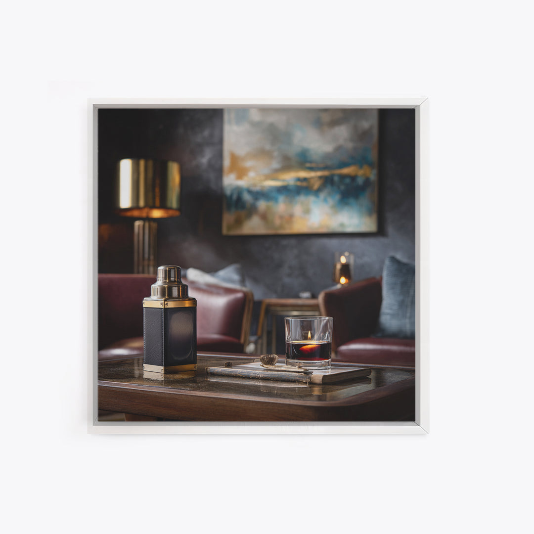 Speakeasy Key and Cocktail Shaker Composition Framed Canvas Print, Bar Art, Minimalist Decor, Bar Decor, Fine Art, BAR-1x1-88