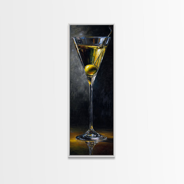 Martini Glass with Olive on a Black Canvas Print, Bar Art, Kitchen Wall Decor, Bar Decor, Fine Art, Bar Cart Art, BAR-1x3-39