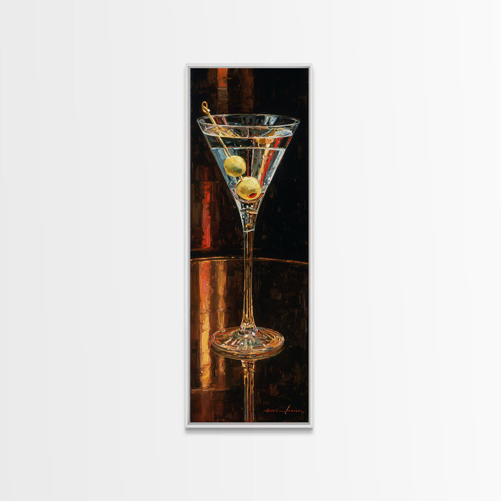 Martini Glass with Olive on a Black Canvas Print, Bar Art, Bar Cart Decor, Bar Decor, Oil Painting, Minimalist Decor, BAR-1x3-63
