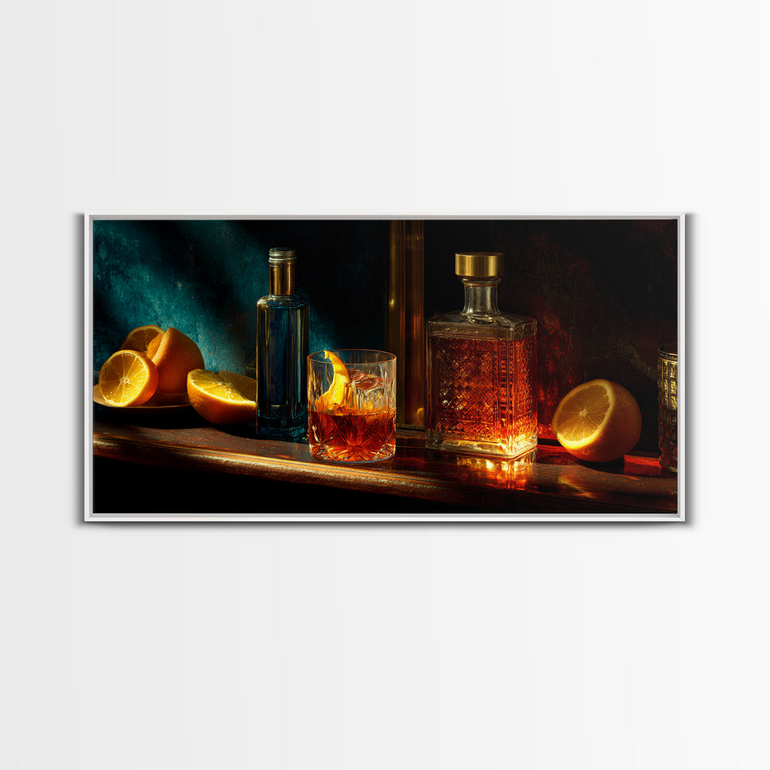 Midnight Manhattan Cocktail Framed Canvas Print, Bar Art, Statement Artwork, Bar Decor, Fine Art, Art Print, BAR-2x1-20