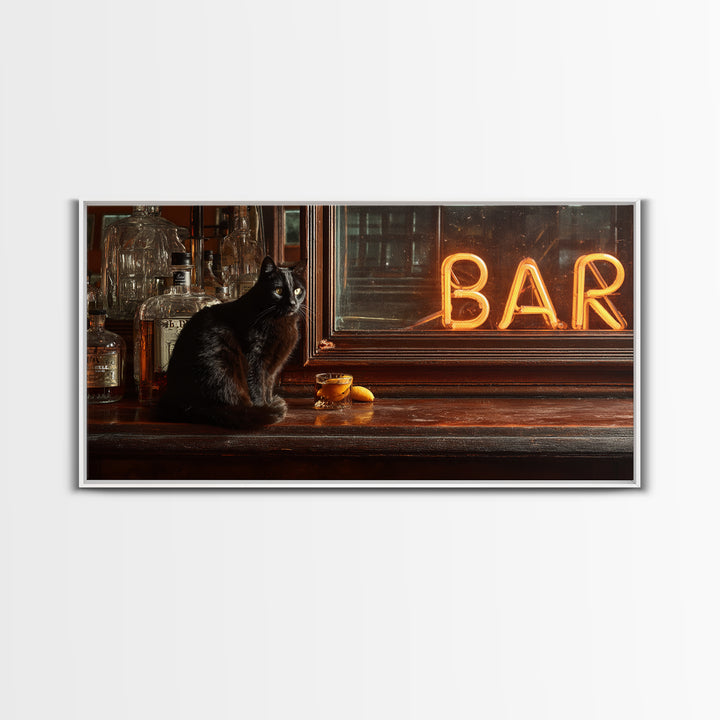Black Cat Beside a Glowing Bar Neon Framed Canvas Print, Bar Art, Contemporary Art, Bar Decor, Fine Art, Apartment Decor, BAR-2x1-34