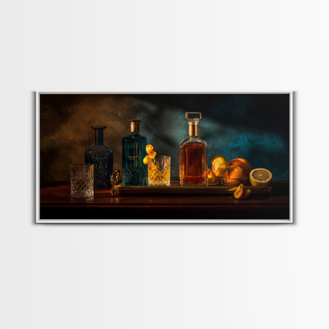 Luxury Emerald Bar Cart Arrangement Framed Canvas Print, Bar Art, Room Decor, Bar Decor, Fine Art, Kitchen Decor, BAR-2x1-42