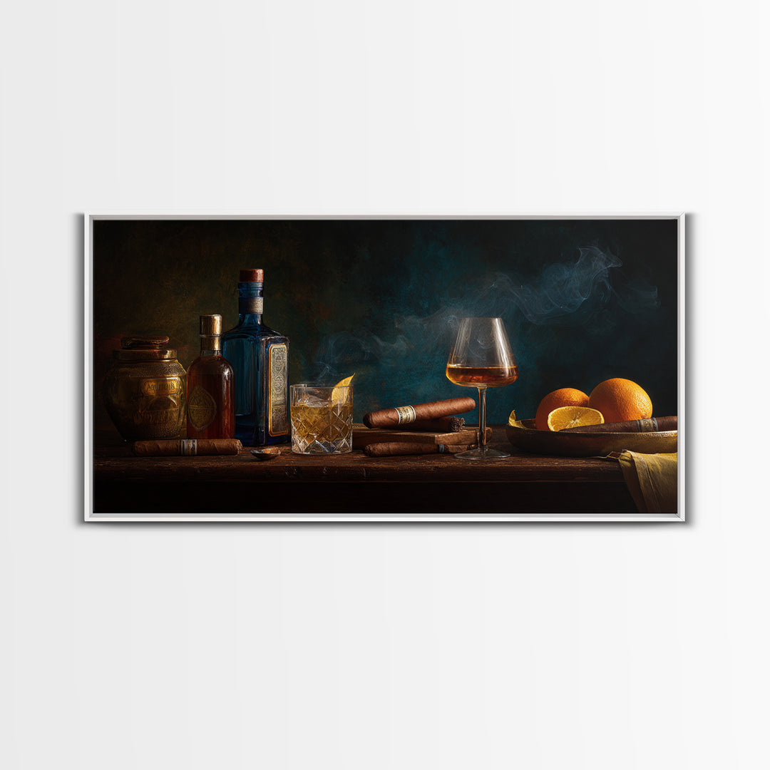 Dark Moody Cigar and Whiskey Still Life Framed Canvas Print, Bar Art, Bar Cart, Bar Decor, Watercolor Art, Kitchen Print, BAR-2x1-5