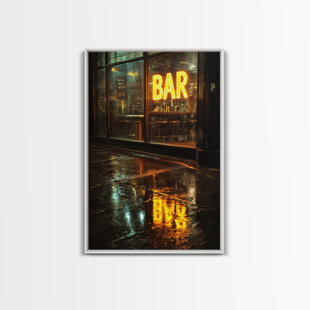 Neon Cocktail Sign Reflected Framed Canvas Print, Bar Art, Digital Print, Bar Decor, Fine Art, Coffee Wall Art, BAR-2x3-13