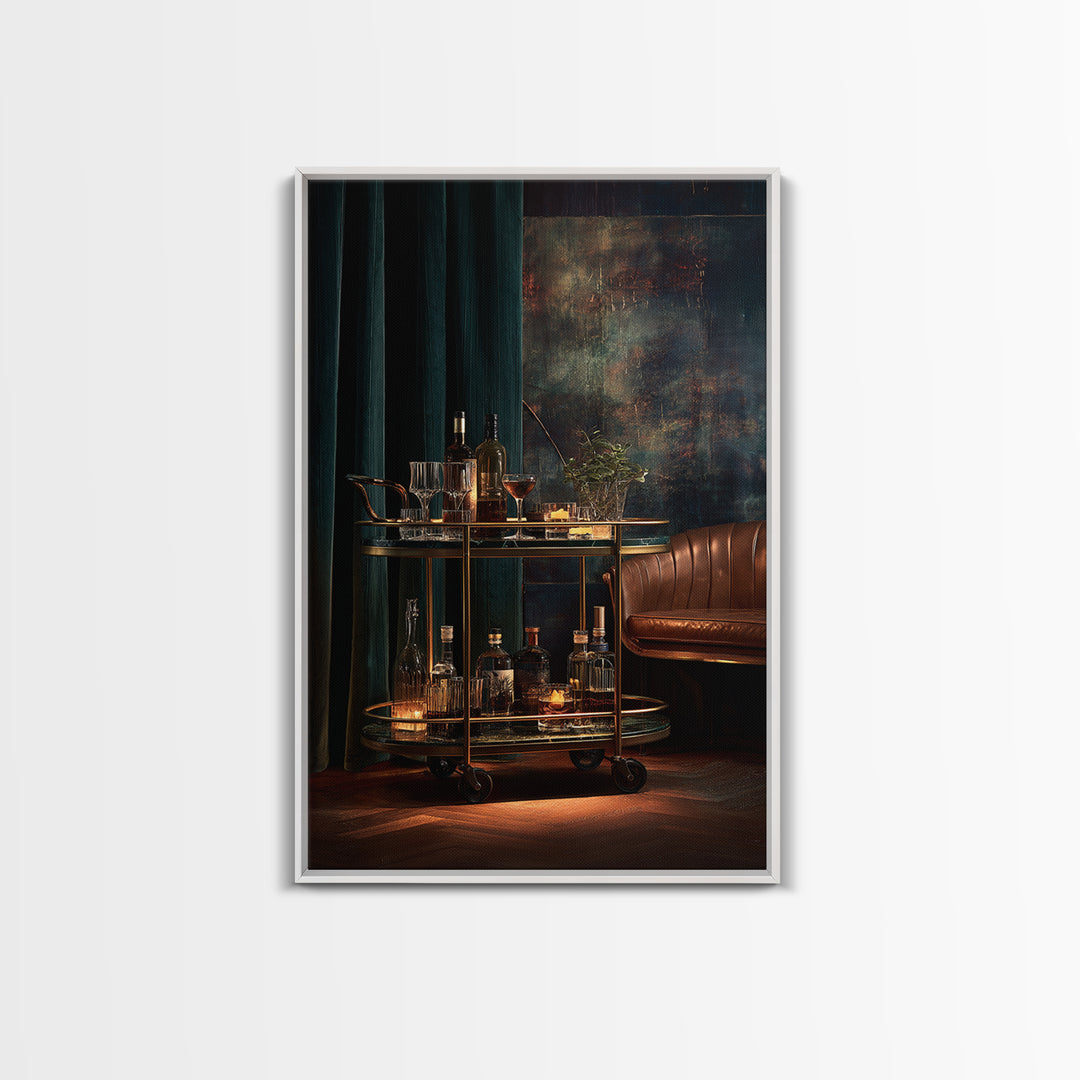 Luxury Emerald Bar Cart Arrangement Framed Canvas Print, Bar Art, Minimalist Decor, Bar Decor, Fine Art, Digital Print, BAR-2x3-6