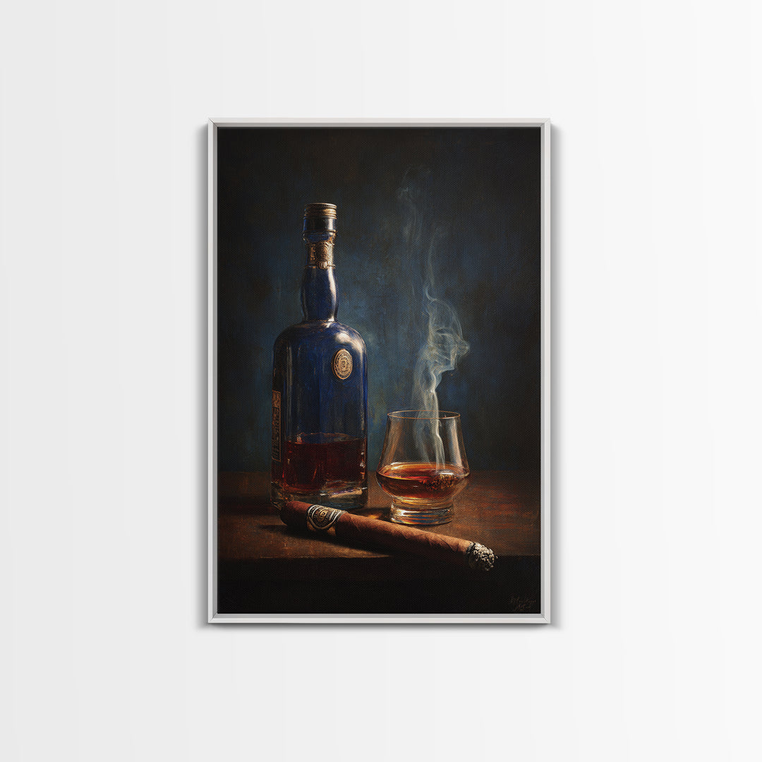 Dark Moody Cigar and Whiskey Still Life Canvas Print, Bar Art, Kitchen Wall Decor, Bar Decor, Fine Art, Bar Cart Art, BAR-2x3-65