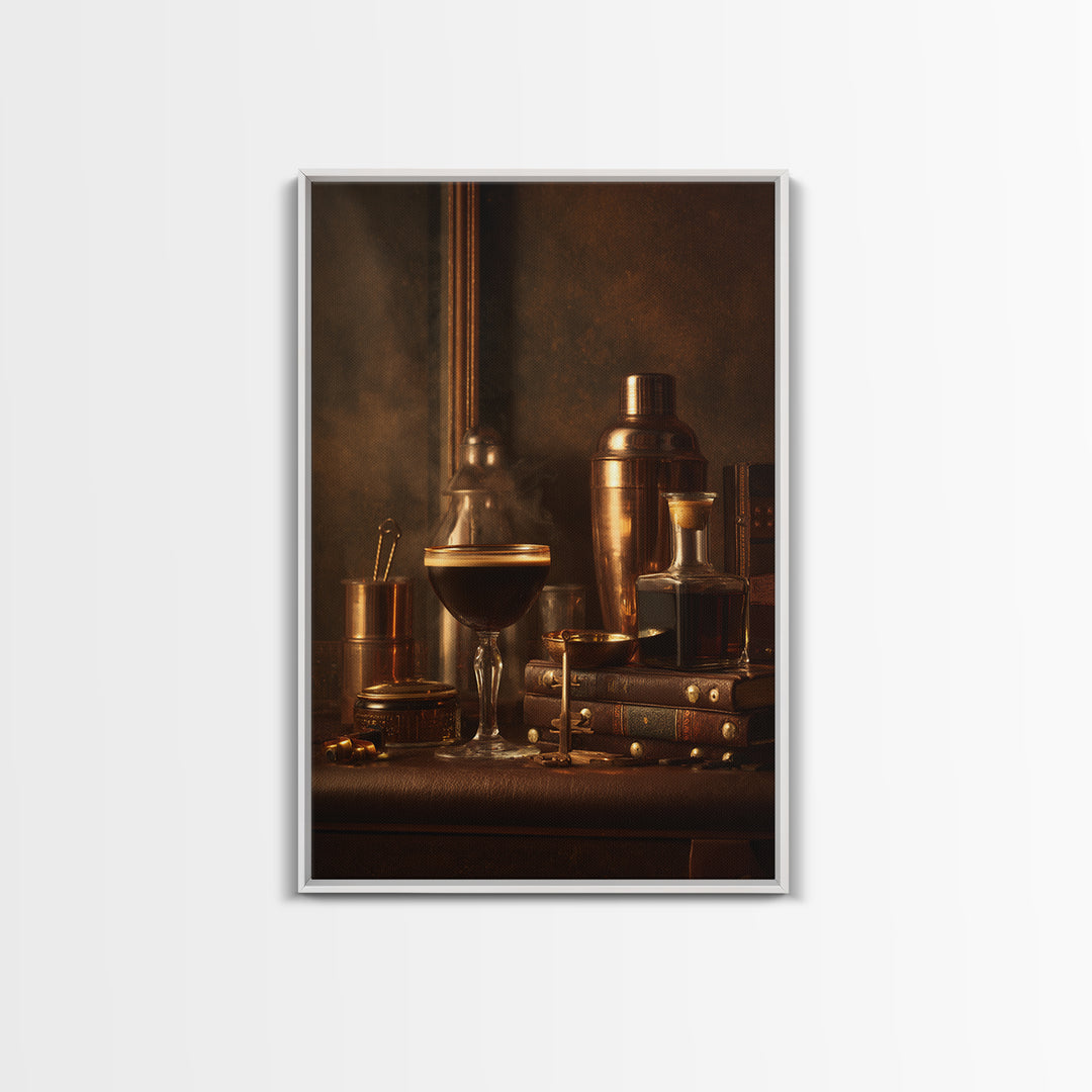 Speakeasy Key and Cocktail Shaker Composition Canvas Print, Bar Art, Canvas Wall Art, Bar Decor, Oil Painting, BAR-2x3-72