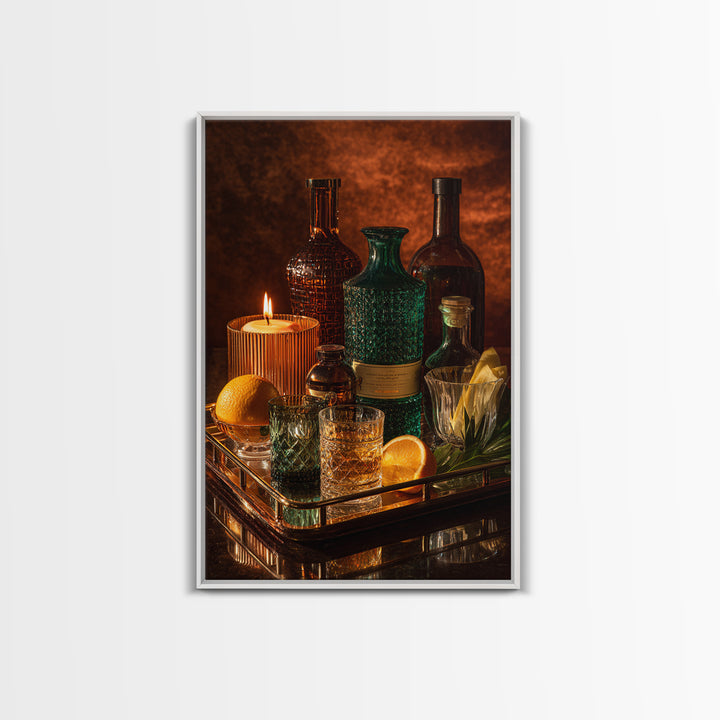 Luxury Emerald Bar Cart Arrangement Framed Canvas Print, Bar Art, Kitchen Wall Art, Bar Decor, Fine Art, Coffee Wall Art, BAR-2x3-78