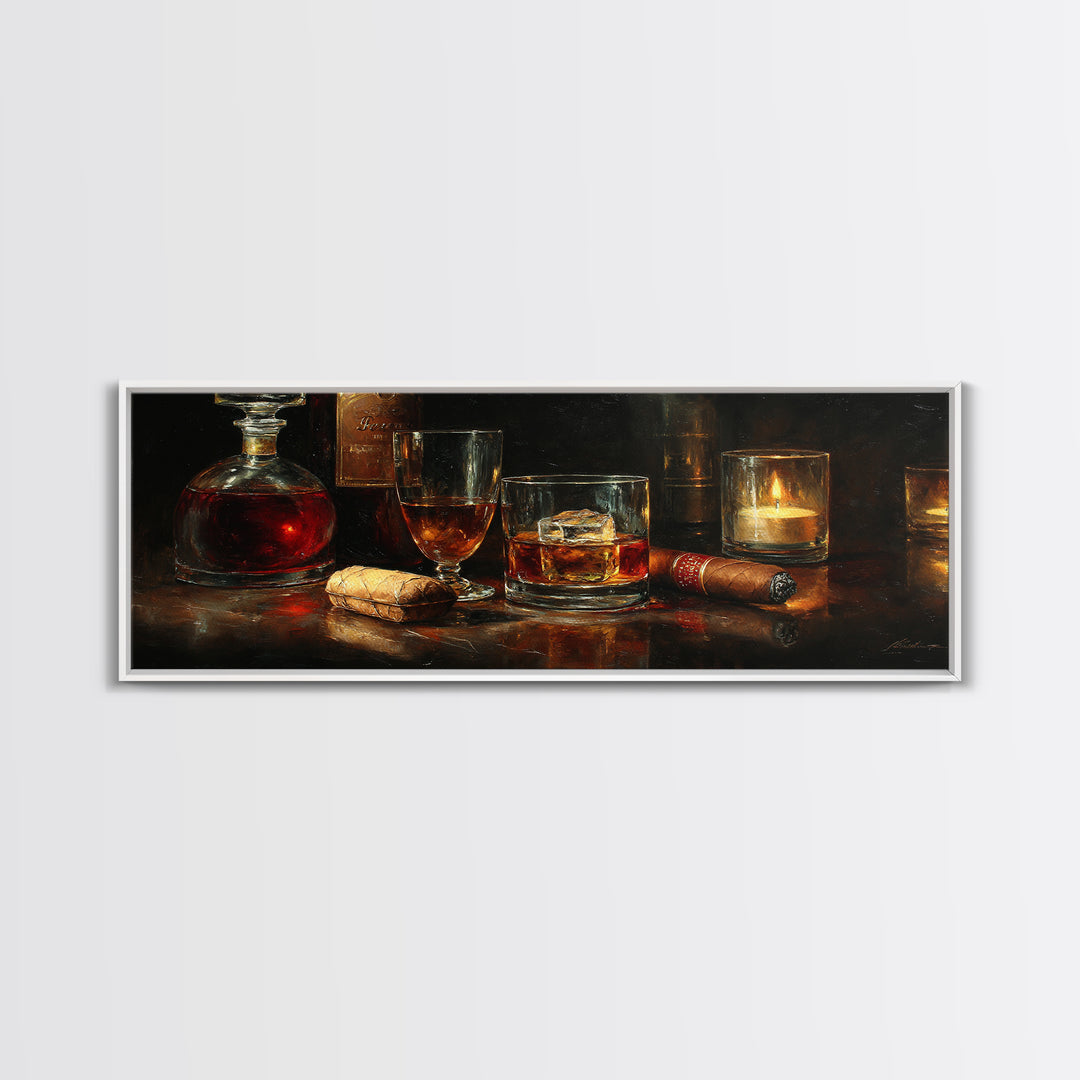 Dark Moody Cigar and Whiskey Still Life Framed Canvas Print, Bar Art, Bar Signs, Bar Decor, Fine Art, Modern Decor, BAR-3x1-1