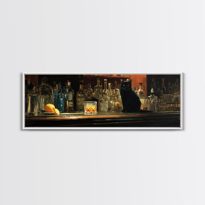 Black Cat Beside a Glowing Bar Neon Canvas Print, Bar Art, Art Print, Bar Decor, Fine Art, Kitchen Wall Decor, BAR-3x1-30