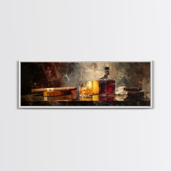 Dark Moody Cigar and Whiskey Still Life Framed Canvas Print, Bar Art, Neutral Decor, Bar Decor, Fine Art, Home Decor, BAR-3x1-73