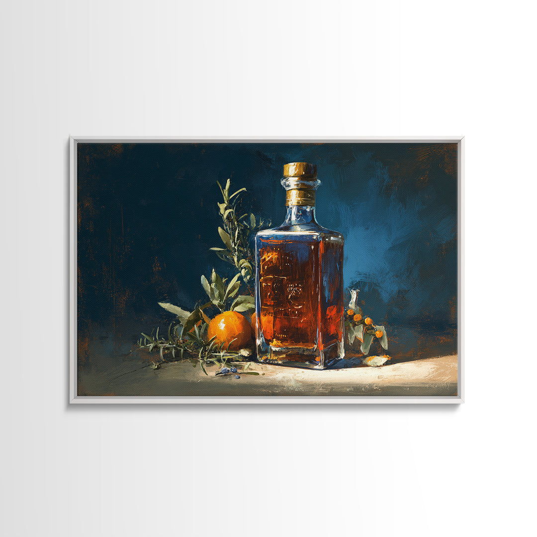 Gin Bottle with Botanicals and Juniper Branches Framed Canvas Print, Bar Art, Canvas Wall Art, Bar Decor, Fine Art, BAR-3x2-59