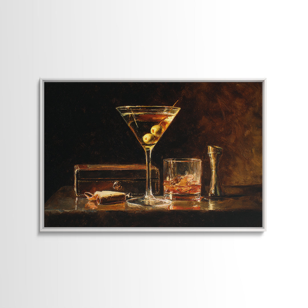 Martini Glass with Olive on a Black Framed Canvas Print, Bar Art, Apartment Decor, Bar Decor, Abstract Art, Living Room Art, BAR-3x2-7