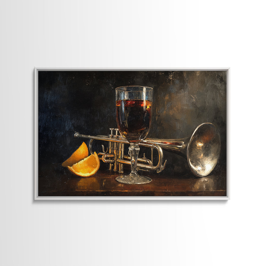 Moody Jazz Trumpet Beside a Half Full Framed Canvas Print, Bar Art, Bar Signs, Bar Decor, Fine Art, Modern Decor, BAR-3x2-70
