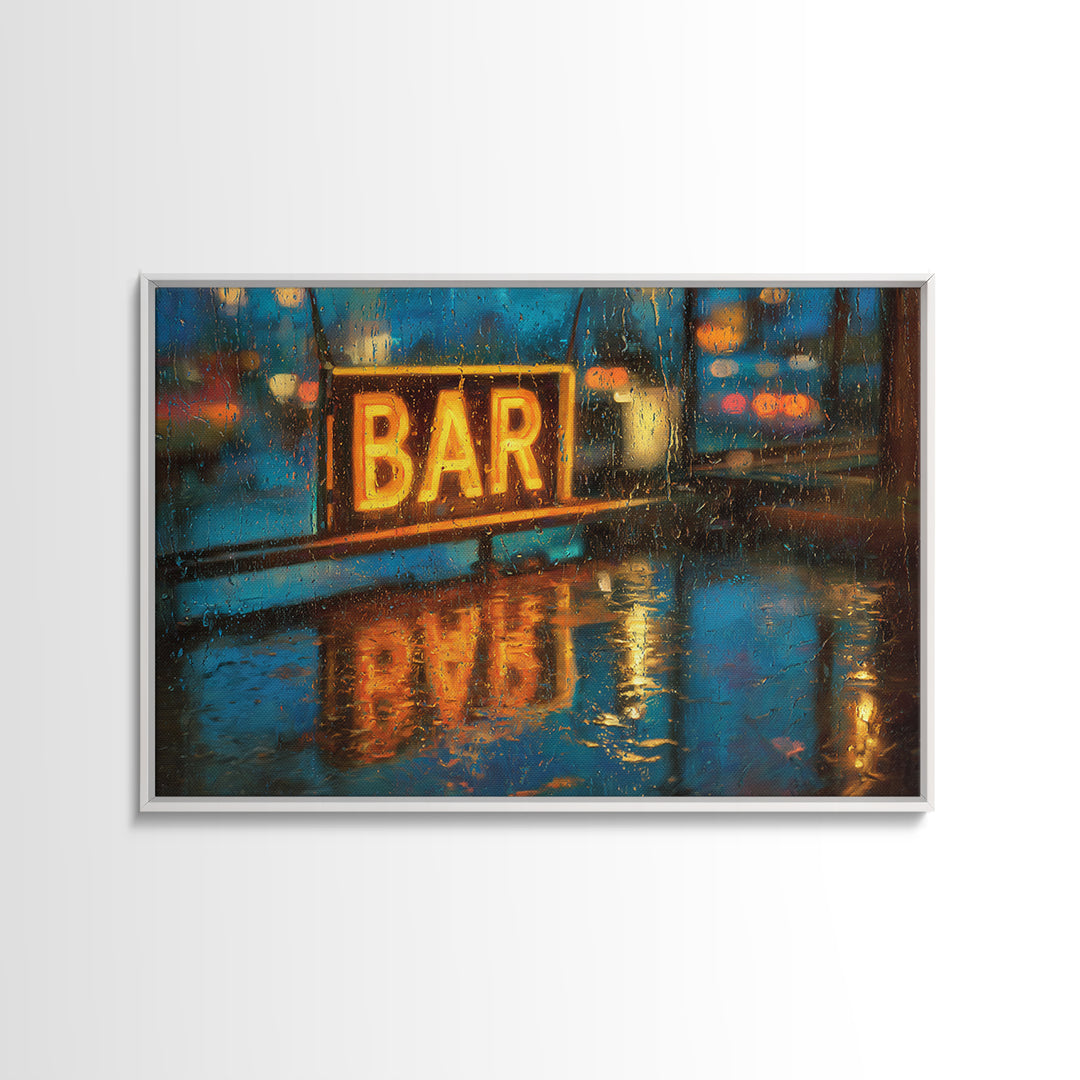 Neon Cocktail Sign Reflected Framed Canvas Print, Bar Art, Fine Art Print, Bar Decor, Fine Art, Metal Wall Art, BAR-3x2-81