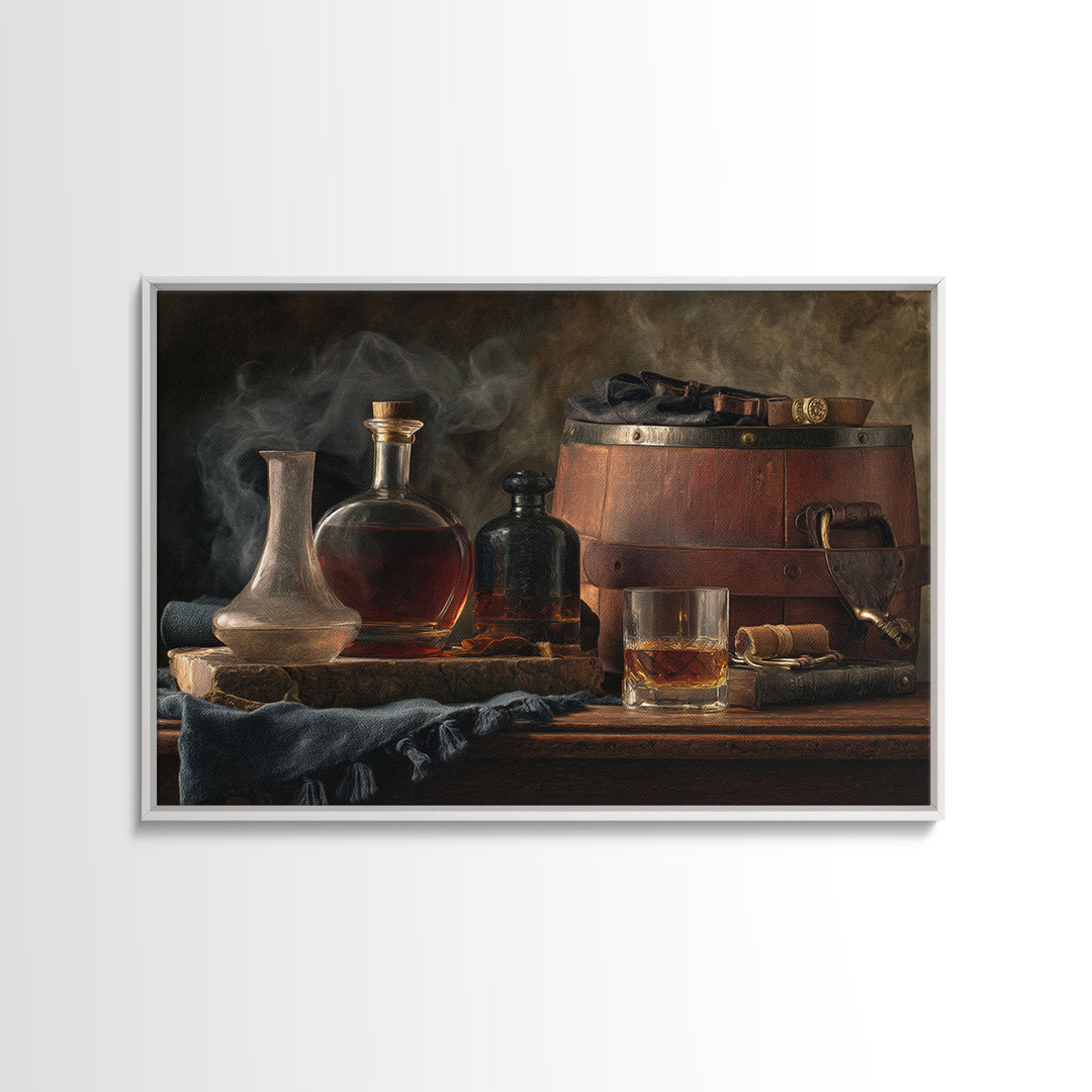 Bourbon Barrel Still Life Framed Canvas Print, Bar Art, Bar Cart Decor, Bar Decor, Oil Painting, Minimalist Decor, BAR-3x2-82