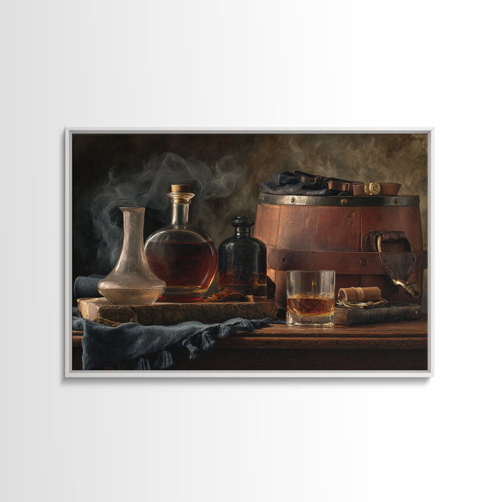 Bourbon Barrel Still Life Framed Canvas Print, Bar Art, Bar Cart Decor, Bar Decor, Oil Painting, Minimalist Decor, BAR-3x2-82