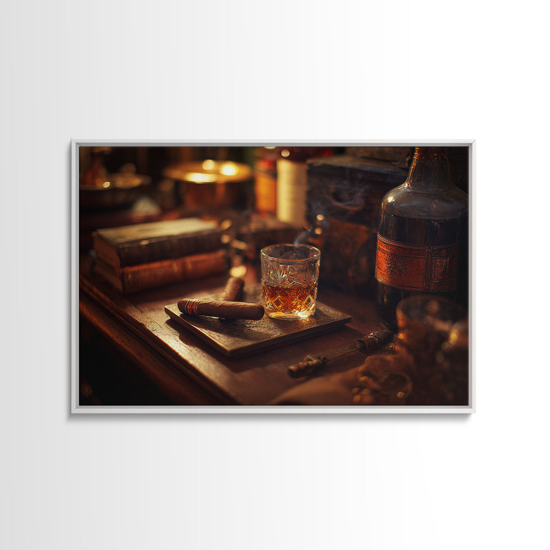 Dark Moody Cigar and Whiskey Still Life Framed Canvas Print, Bar Art, Statement Artwork, Bar Decor, Fine Art, BAR-3x2-85