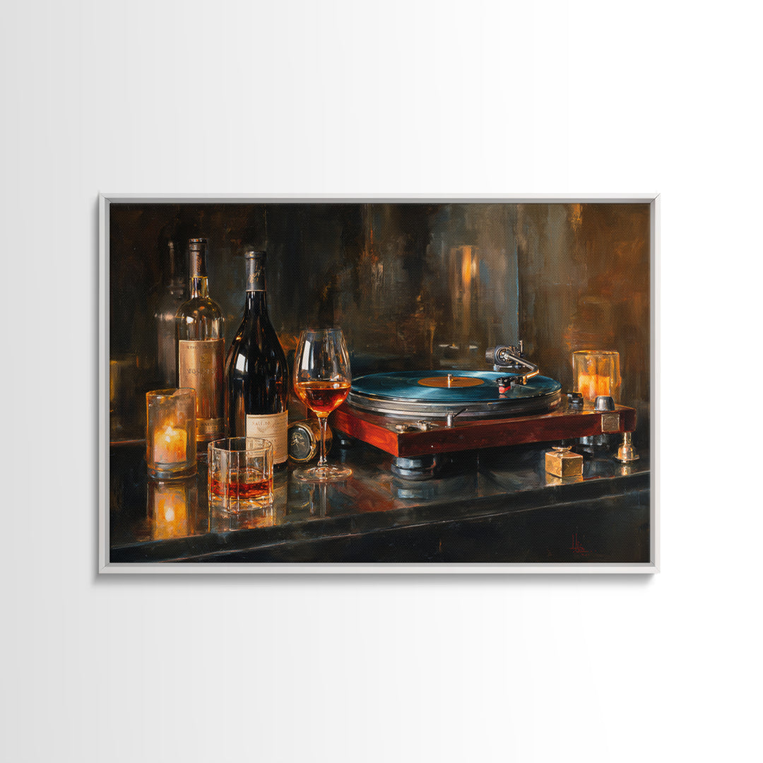 Wine and Record Player Lounge Still Life Canvas Print, Bar Art, Boho Decor, Bar Decor, Oil Painting, Art Print, BAR-3x2-89