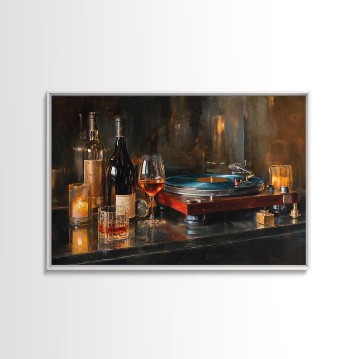 Wine and Record Player Lounge Still Life Canvas Print, Bar Art, Boho Decor, Bar Decor, Oil Painting, Art Print, BAR-3x2-89