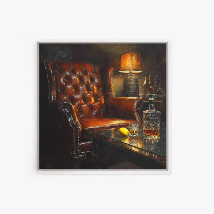Whiskey Barrel and Leather Chair Mood Painting Canvas Print, Basement Art, Original Art Prints, Living Room Decor, Retreat, BAS-1x1-34
