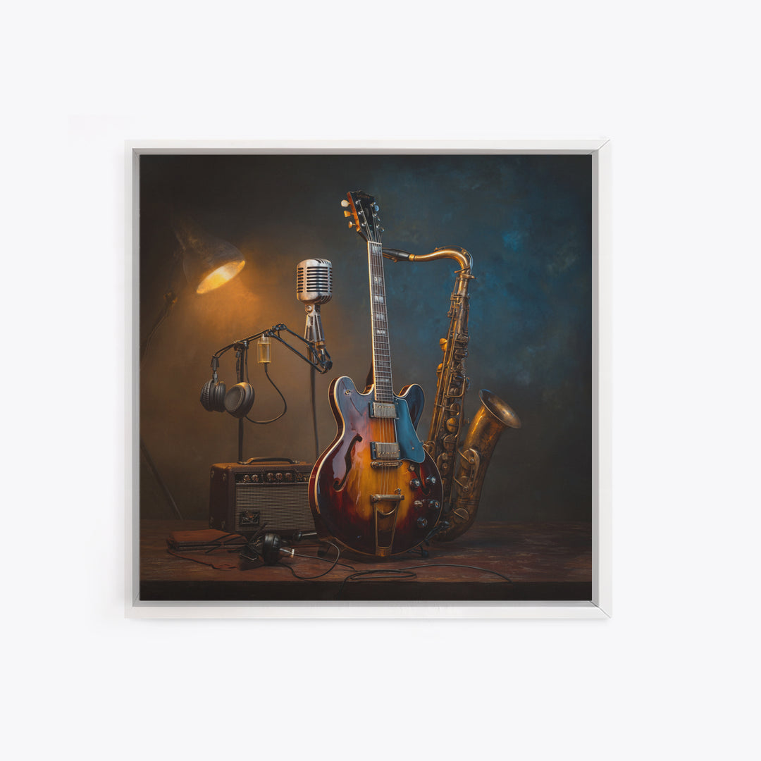 Classic Rock Guitar Still Life Framed Canvas Print, Basement Art, Fine Art Print, Living Room Decor, Fine Art, Retreat, BAS-1x1-53