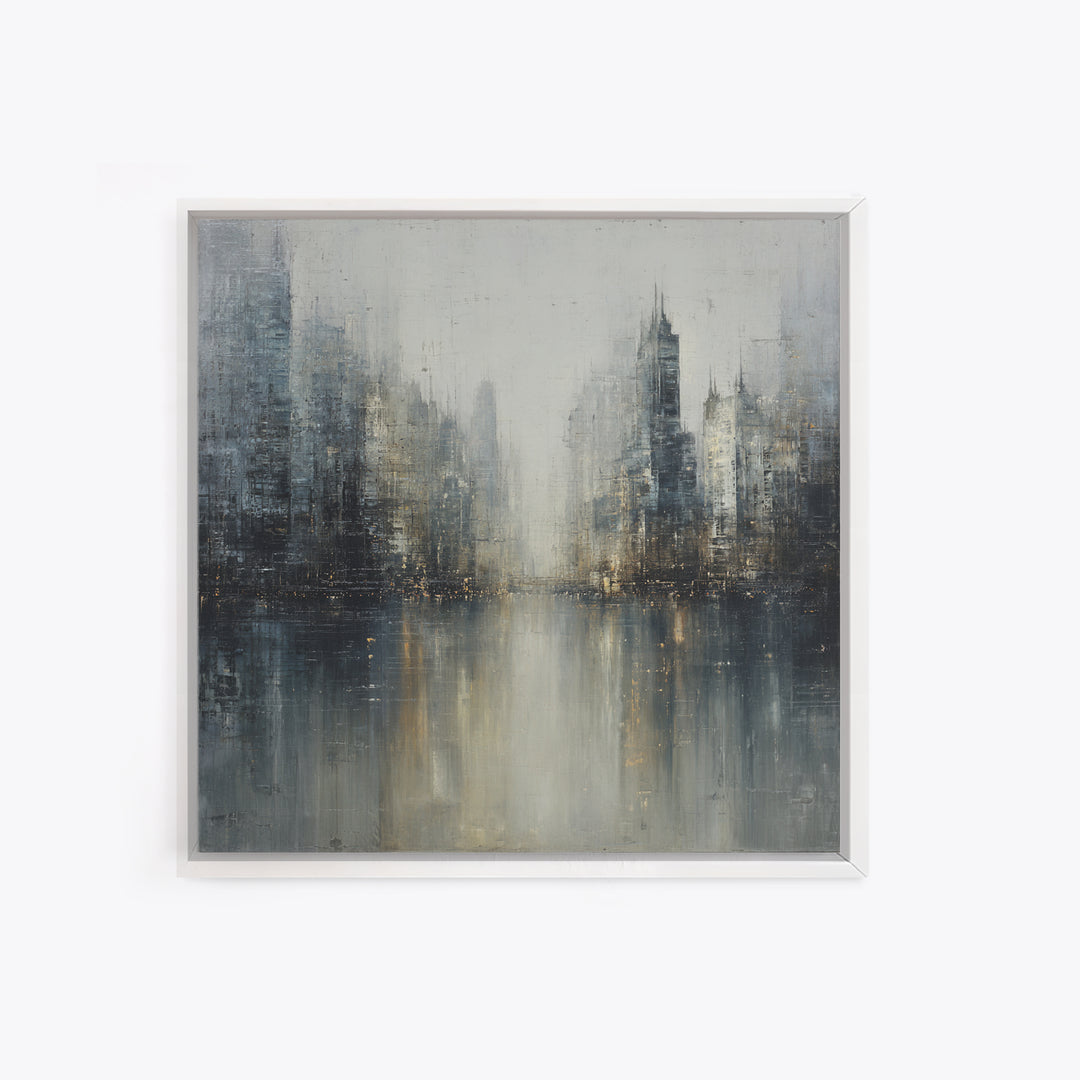 Dark Abstract City Skyline Framed Canvas Print, Basement Art, Western Decor, Living Room Decor, Retreat, Rustic Wall Art, BAS-1x1-7