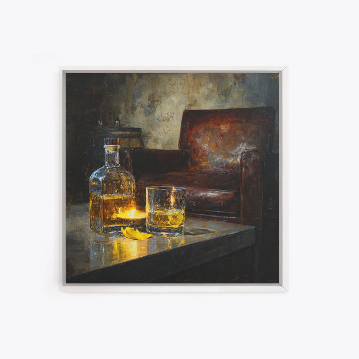 Whiskey Barrel and Leather Chair Mood Painting Canvas Print, Basement Art, Neutral Decor, Living Room Decor, Oil Painting, BAS-1x1-82
