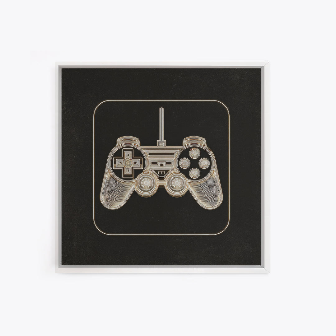 Neon Game Controller Icon on Black Background Framed Canvas Print, Basement Art, Luxury Decor, Living Room Decor, Oil Painting, BAS-1x1-93