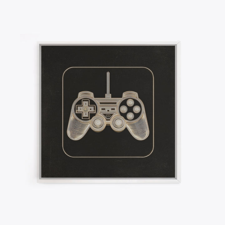 Neon Game Controller Icon on Black Background Framed Canvas Print, Basement Art, Luxury Decor, Living Room Decor, Oil Painting, BAS-1x1-93