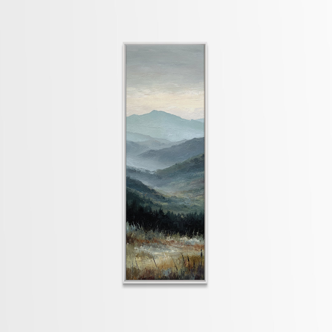 Moody Mountain Landscape for a Cozy Lounge Framed Canvas Print, Basement Art, Home Decor, Living Room Decor, Fine Art, Retreat, BAS-1x3-15