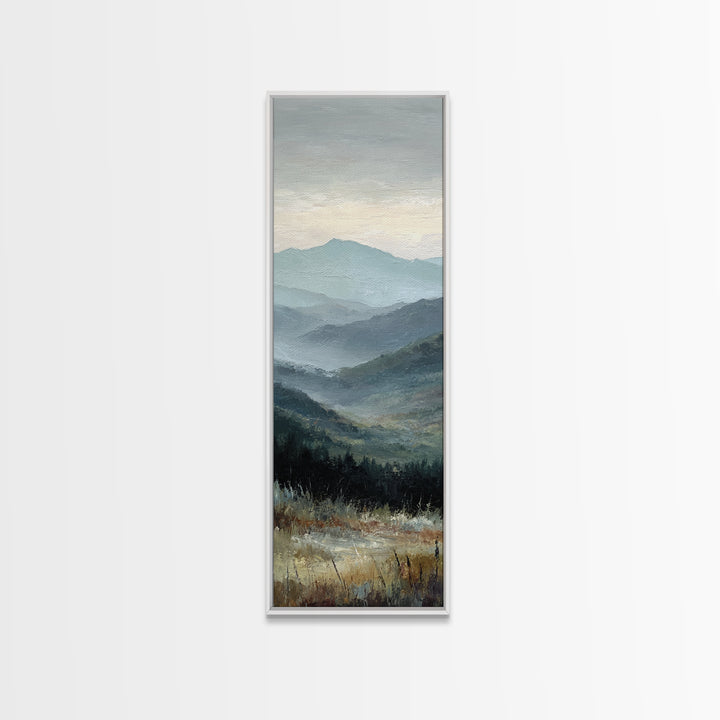 Moody Mountain Landscape for a Cozy Lounge Framed Canvas Print, Basement Art, Home Decor, Living Room Decor, Fine Art, Retreat, BAS-1x3-15