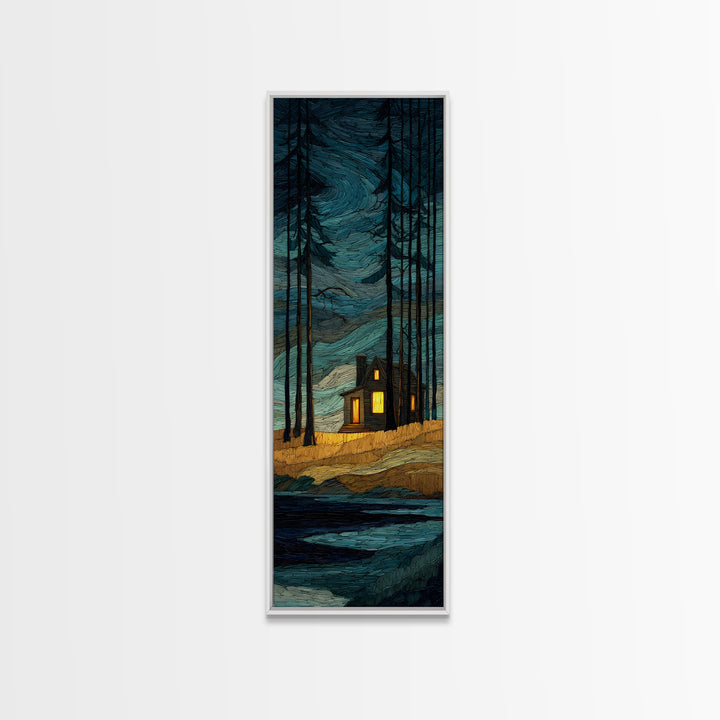Forest Cabin Night Scene Canvas Print, Basement Art, Canvas, Living Room Decor, Retreat, Bar Art, Digital Art Download, BAS-1x3-27