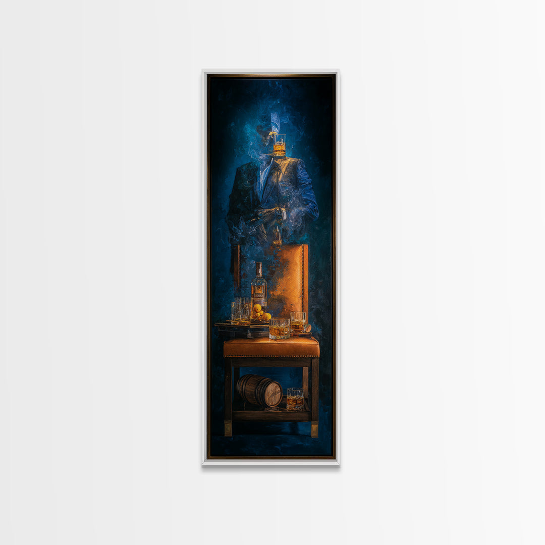 Whiskey Barrel and Leather Chair Mood Painting Framed Canvas Print, Basement Art, Game Room Decor, Living Room Decor, Retreat, BAS-1x3-46