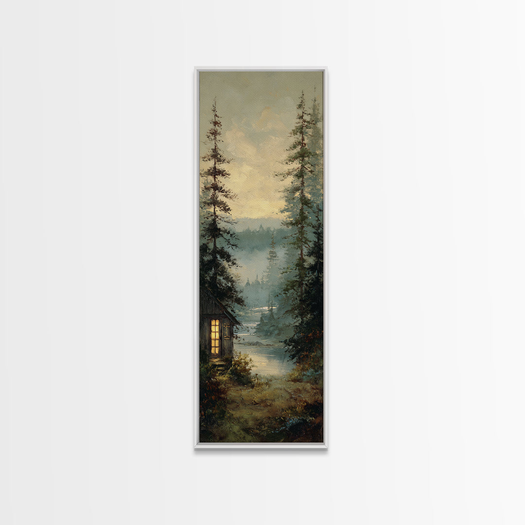 Forest Cabin Night Scene Canvas Print, Basement Art, Bar Decor, Living Room Decor, Fine Art, Retreat, Game Room Decor, BAS-1x3-51