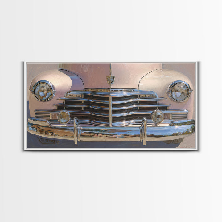 Classic Car Front Grill Closeup Framed Canvas Print, Basement Art, Statement Artwork, Living Room Decor, Fine Art, Retreat, BAS-2x1-18