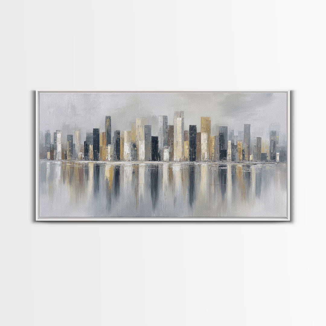 Dark Abstract City Skyline Framed Canvas Print, Basement Art, Western Decor, Living Room Decor, Retreat, Rustic Wall Art, BAS-2x1-3