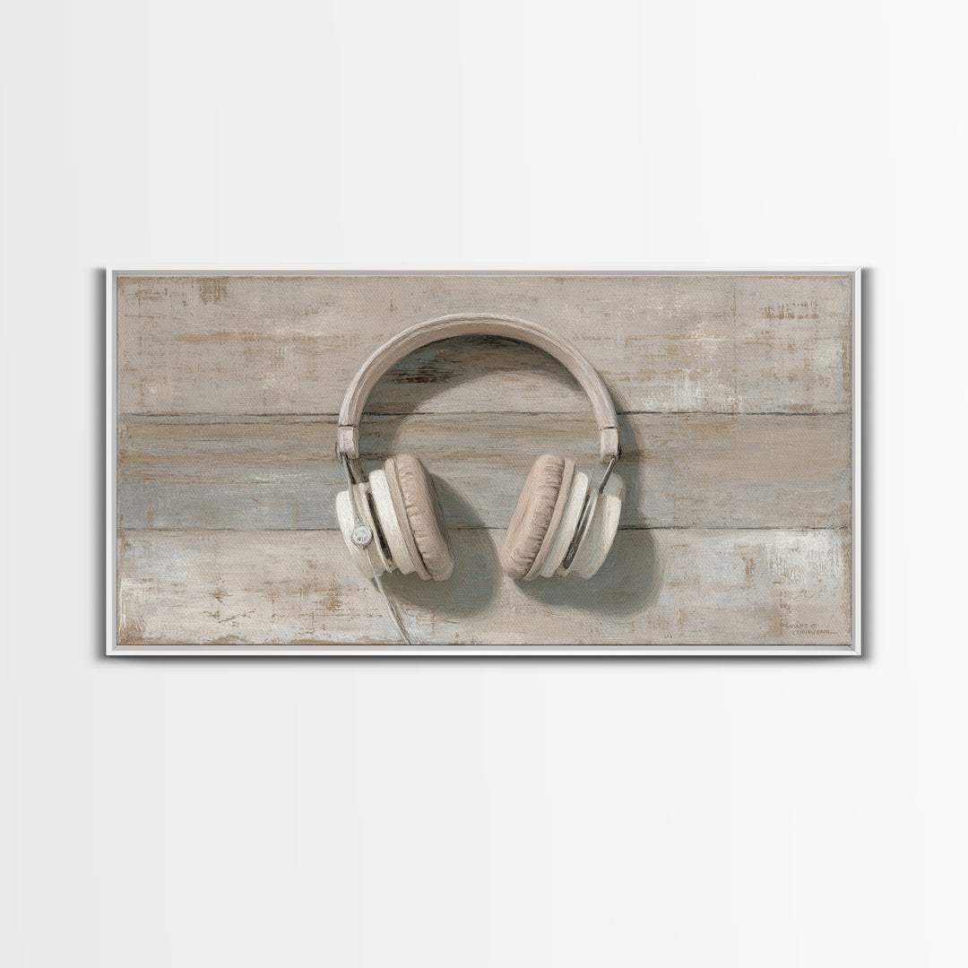 Vinyl Record and Headphones on Worn Wood Canvas Print, Basement Art, Classroom Decor, Living Room Decor, Oil Painting, Retreat, BAS-2x1-53